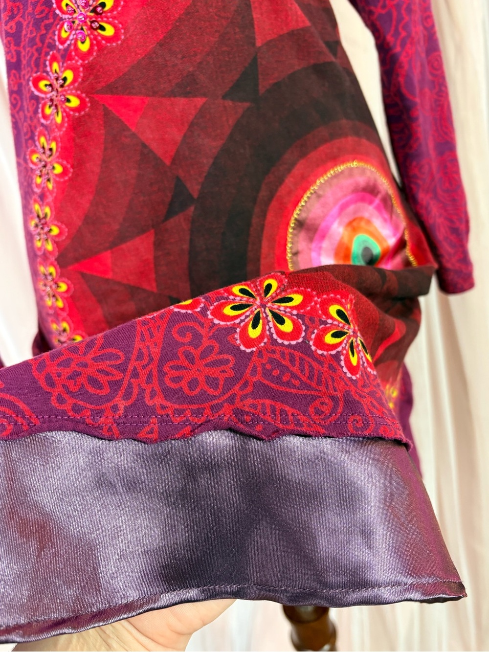 Desigual M Burgundy Patchwork Floral Rhinestone Long Sleeve Dress Y2K Boho - Picture 5 of 12